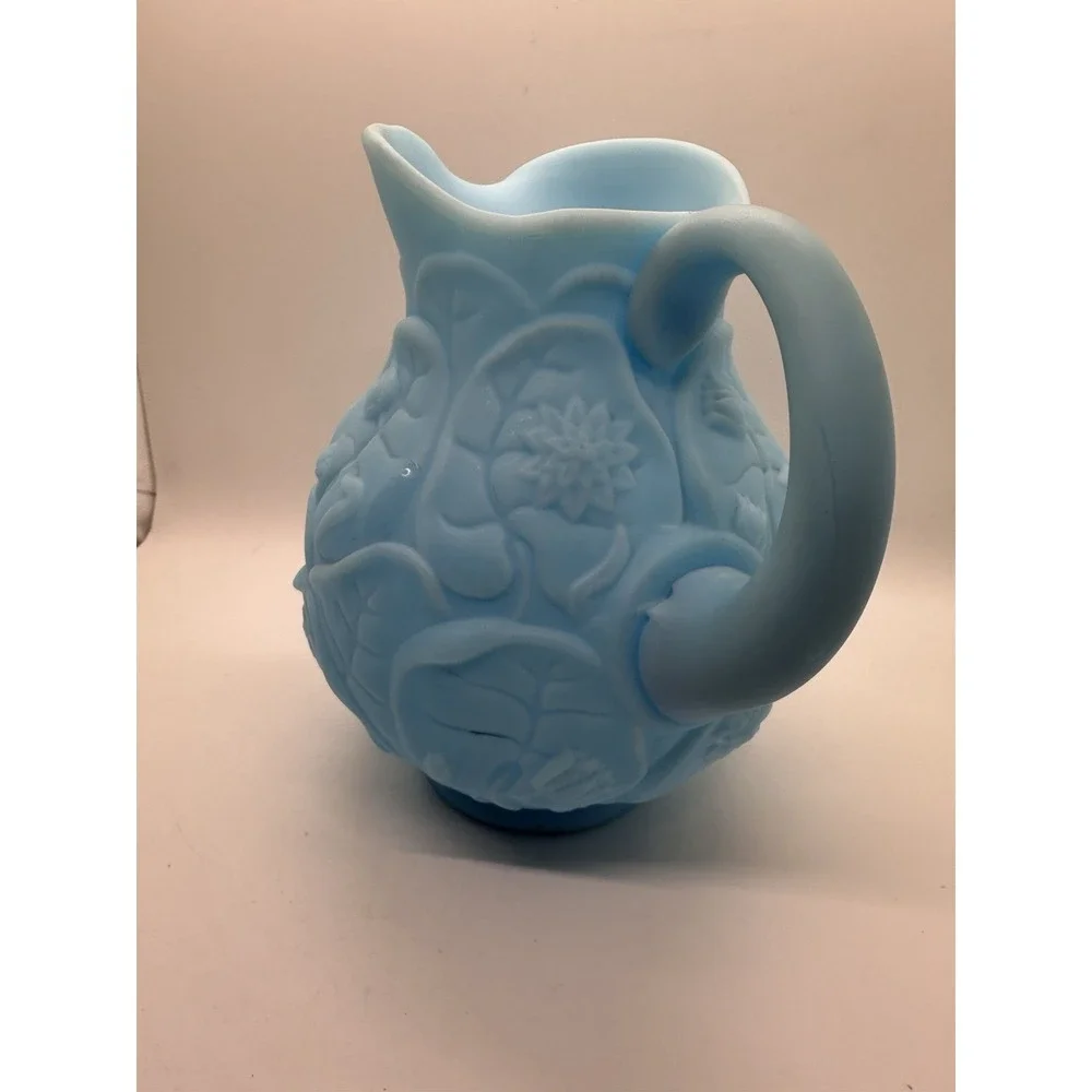 Vintage Fenton Blue‎ Satin Glass Water Lily Pattern Pitcher